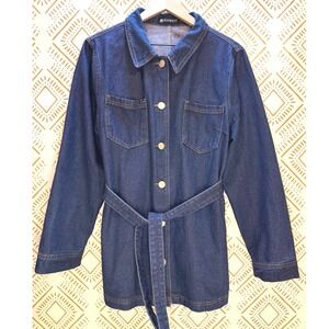 Belted Denim Trench Coat Jacket Women XL Blue Utility Spring Layering Classic